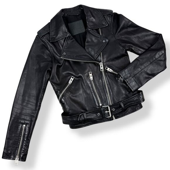 ALLSAINTS Balfern Biker cropped black sheep leather motorcycle jacket - Picture 5 of 16